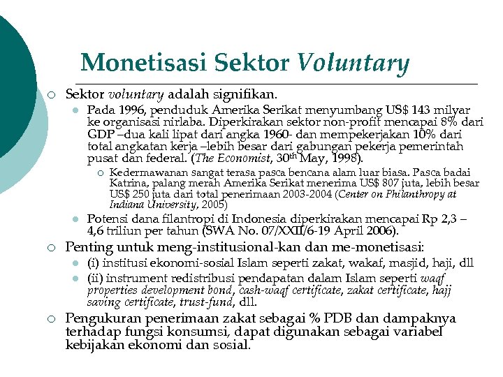 Monetisasi Sektor Voluntary ¡ Sektor voluntary adalah signifikan. l Pada 1996, penduduk Amerika Serikat
