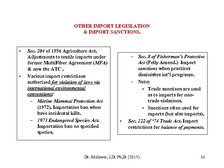 OTHER IMPORT LEGISLATION & IMPORT SANCTIONS. • • Sec. 204 of 1956 Agriculture Act.