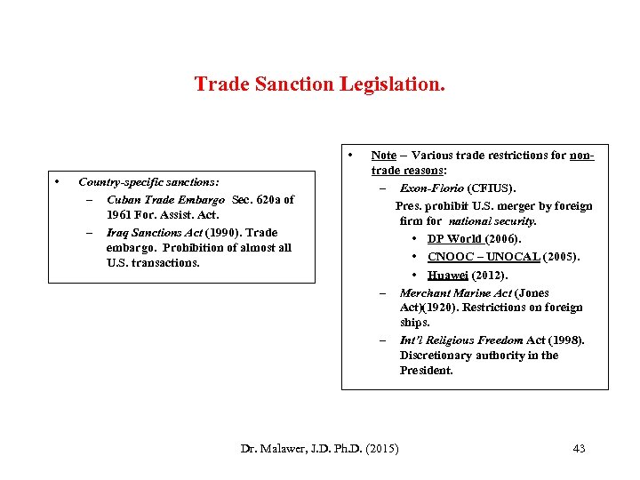 Trade Sanction Legislation. • • Country-specific sanctions: – Cuban Trade Embargo Sec. 620 a