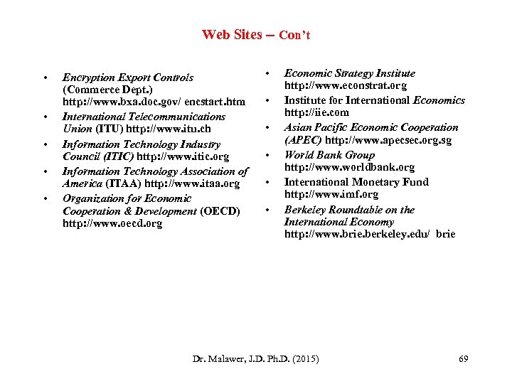 Web Sites -- Con’t • • • Encryption Export Controls (Commerce Dept. ) http: