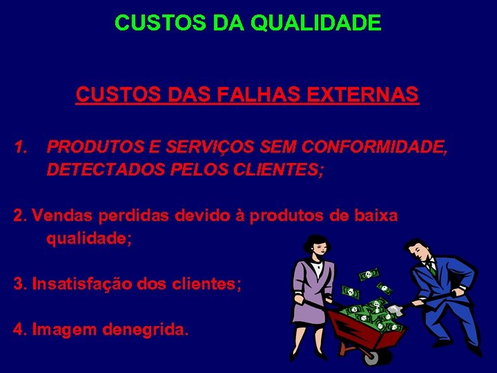 CUSTOS DA QUALIDADE CUSTOS DAS FALHAS EXTERNAS 1. PRODUTOS E SERVIÇOS SEM CONFORMIDADE, DETECTADOS