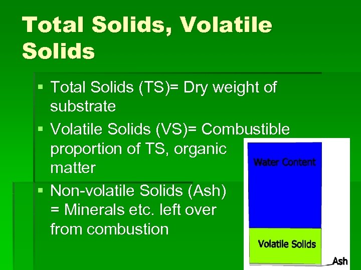 Total Solids, Volatile Solids § Total Solids (TS)= Dry weight of substrate § Volatile