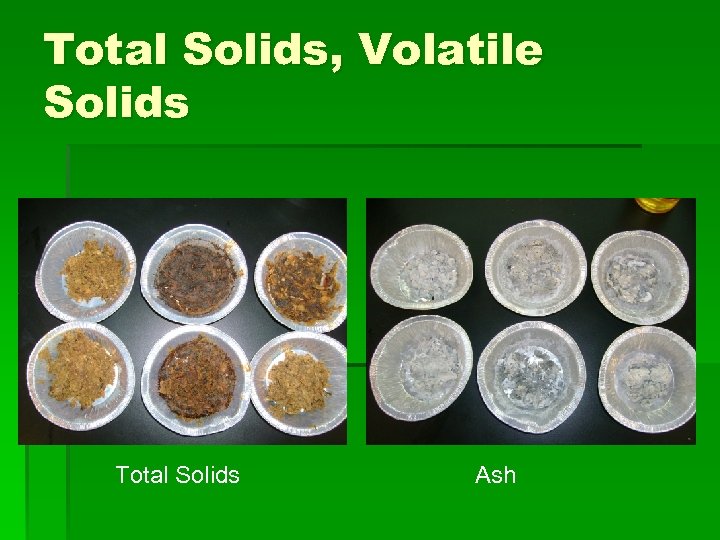 Total Solids, Volatile Solids Total Solids Ash 