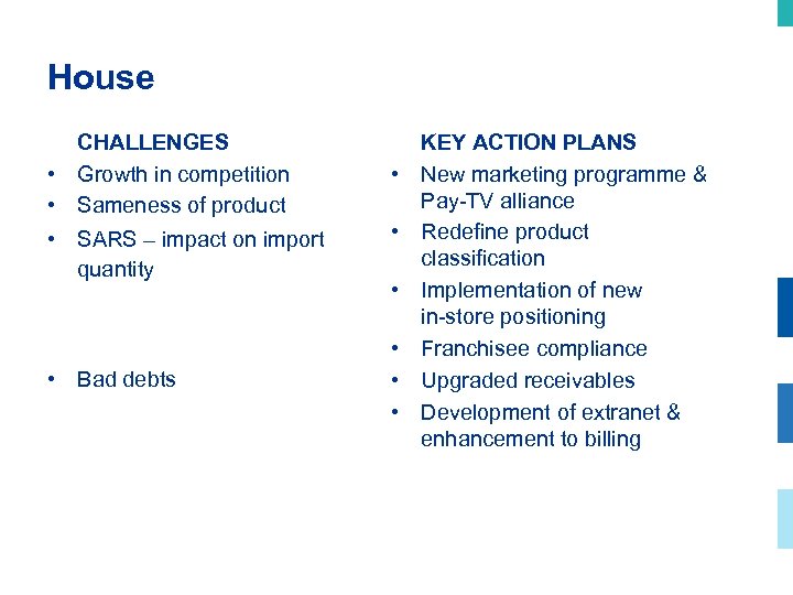 House CHALLENGES • Growth in competition • Sameness of product • SARS – impact