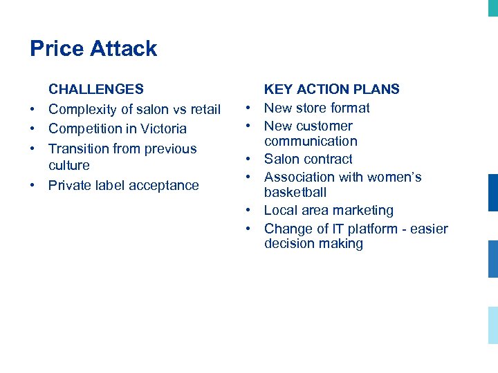 Price Attack • • CHALLENGES Complexity of salon vs retail Competition in Victoria Transition