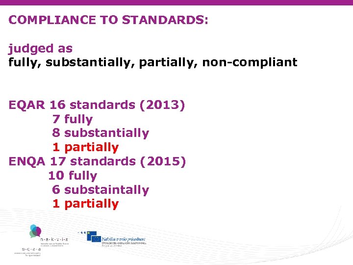 COMPLIANCE TO STANDARDS: judged as fully, substantially, partially, non-compliant EQAR 16 standards (2013) 7
