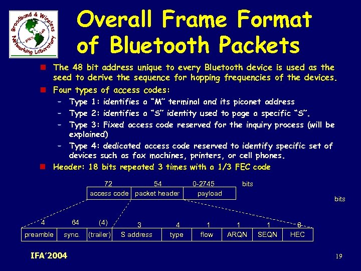 Overall Frame Format of Bluetooth Packets n The 48 bit address unique to every