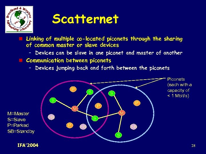 Scatternet n Linking of multiple co-located piconets through the sharing of common master or