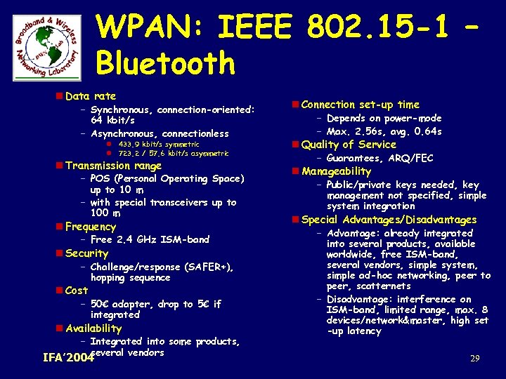 WPAN: IEEE 802. 15 -1 – Bluetooth n Data rate – Synchronous, connection-oriented: 64