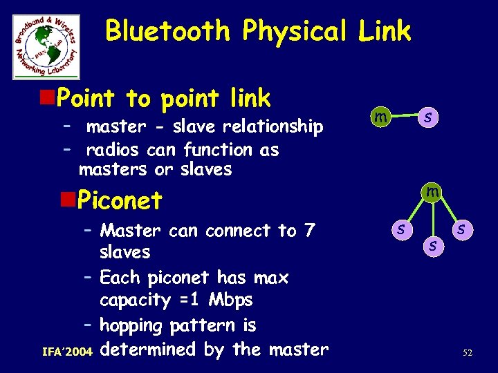 Bluetooth Physical Link n. Point to point link – master - slave relationship –
