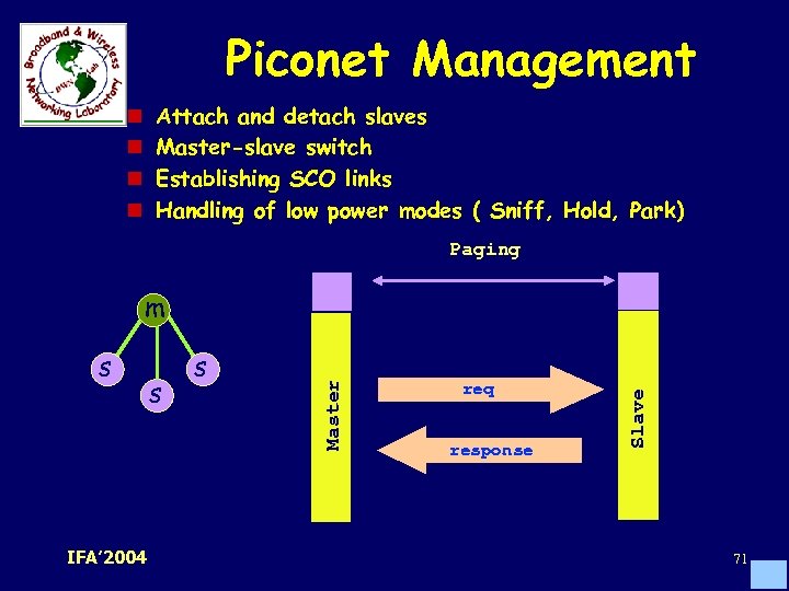 Piconet Management Attach and detach slaves Master-slave switch Establishing SCO links Handling of low