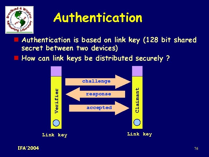 Authentication n Authentication is based on link key (128 bit shared secret between two