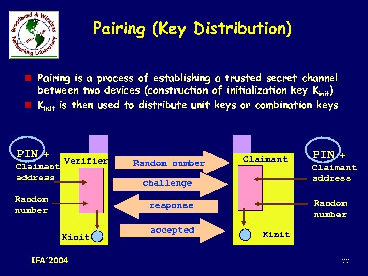 Pairing (Key Distribution) n Pairing is a process of establishing a trusted secret channel