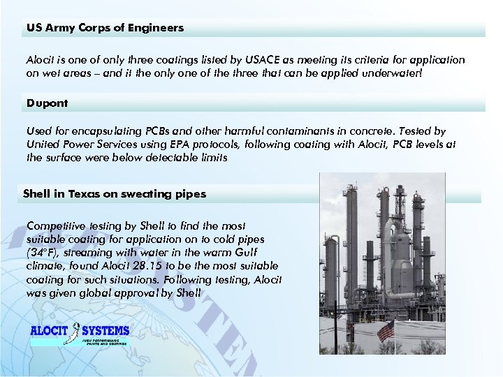 US Army Corps of Engineers Alocit is one of only three coatings listed by