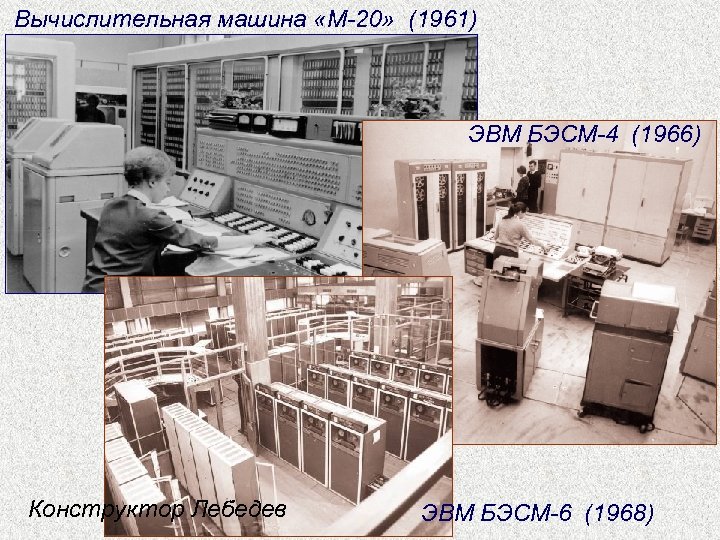 Вычислительная машина «М-20» (1961) ЭВМ БЭСМ-4 (1966) Конструктор Лебедев ЭВМ БЭСМ-6 (1968) 