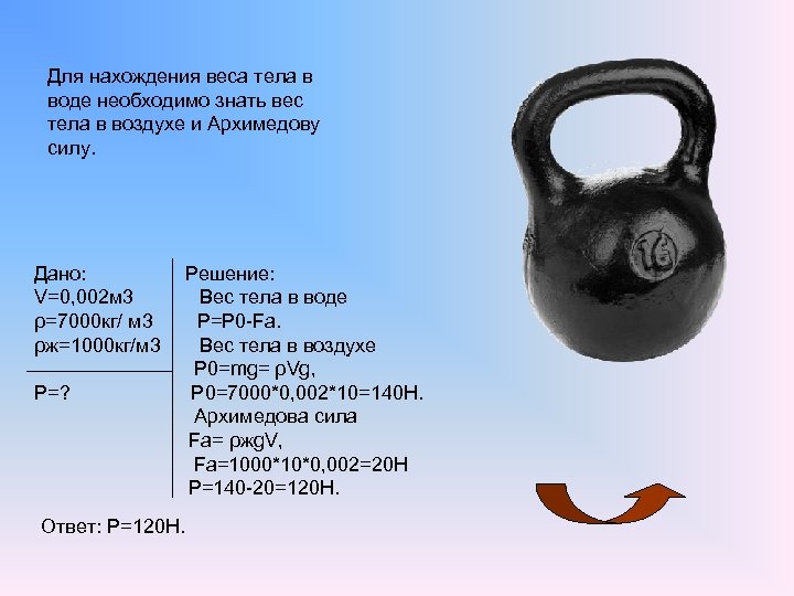 Для нахождения веса тела в воде необходимо знать вес тела в воздухе и Архимедову