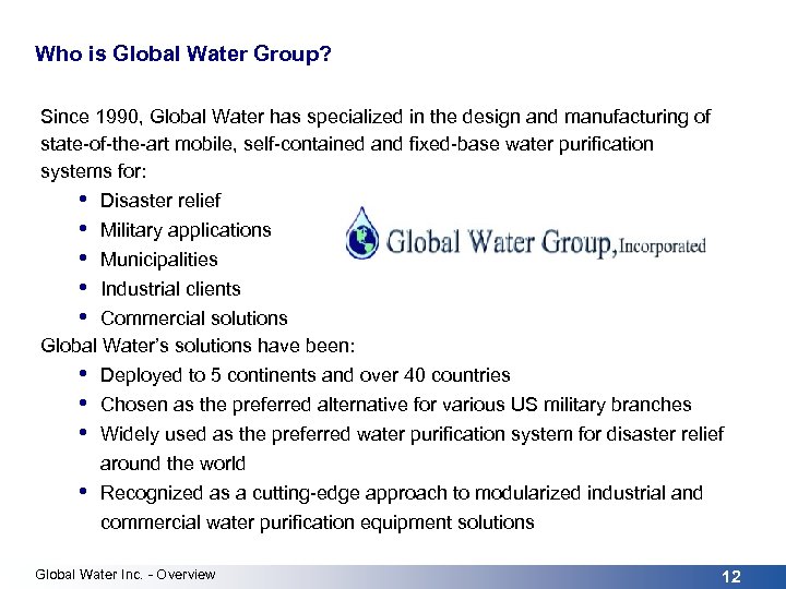 Who is Global Water Group? Since 1990, Global Water has specialized in the design