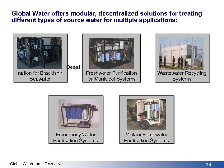 Global Water offers modular, decentralized solutions for treating different types of source water for