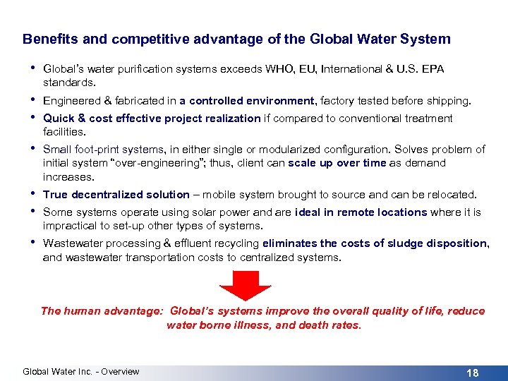 Benefits and competitive advantage of the Global Water System • Global’s water purification systems