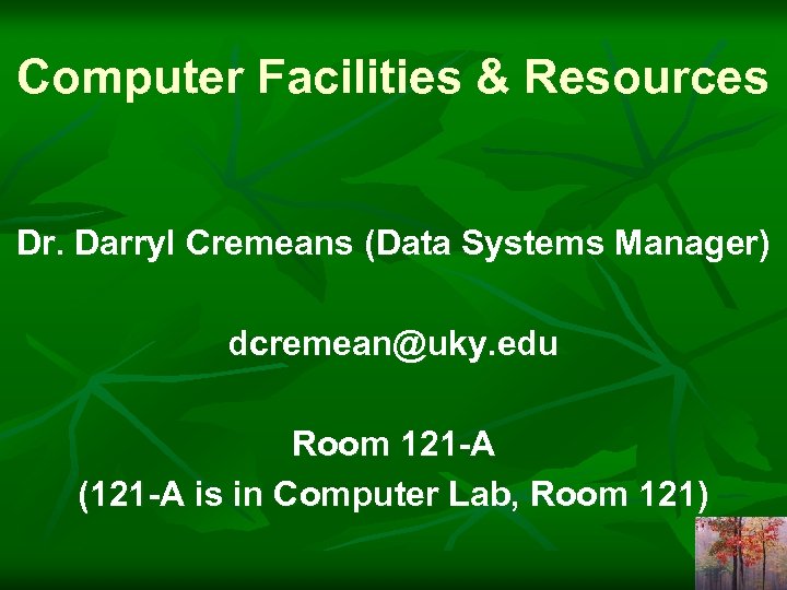 Computer Facilities & Resources Dr. Darryl Cremeans (Data Systems Manager) dcremean@uky. edu Room 121