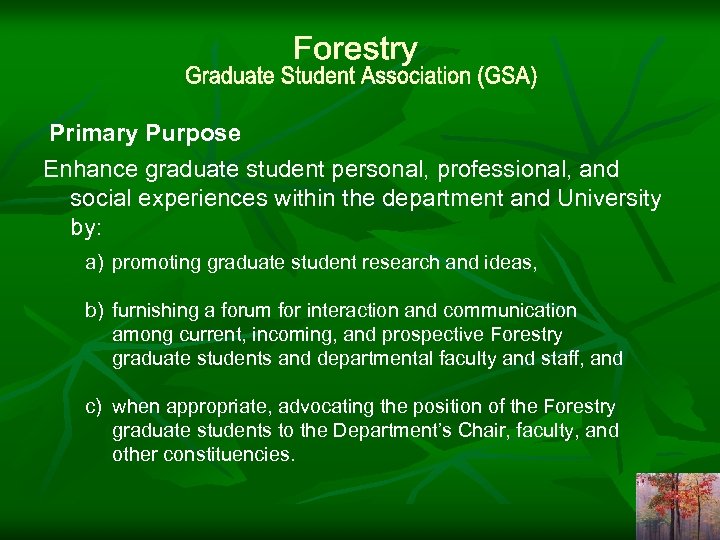 Primary Purpose Enhance graduate student personal, professional, and social experiences within the department and