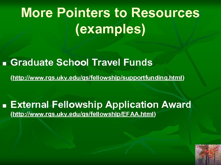 More Pointers to Resources (examples) n Graduate School Travel Funds (http: //www. rgs. uky.