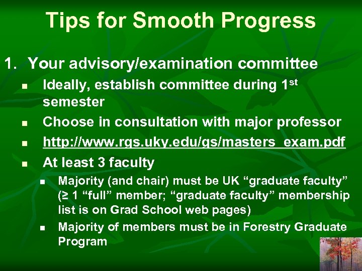 Tips for Smooth Progress 1. Your advisory/examination committee n n Ideally, establish committee during