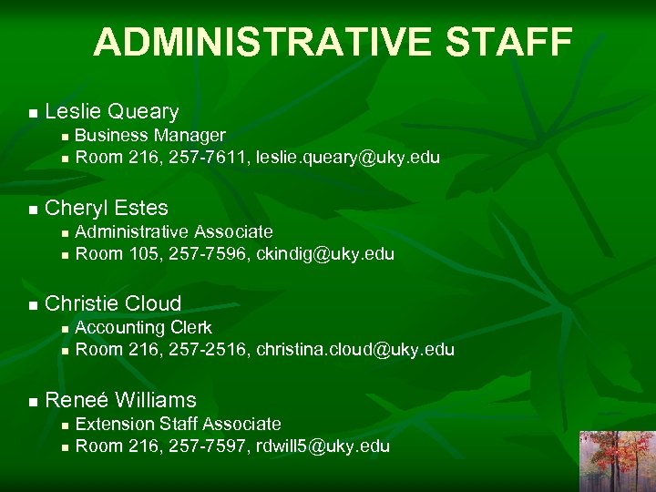 ADMINISTRATIVE STAFF n Leslie Queary Business Manager n Room 216, 257 -7611, leslie. queary@uky.