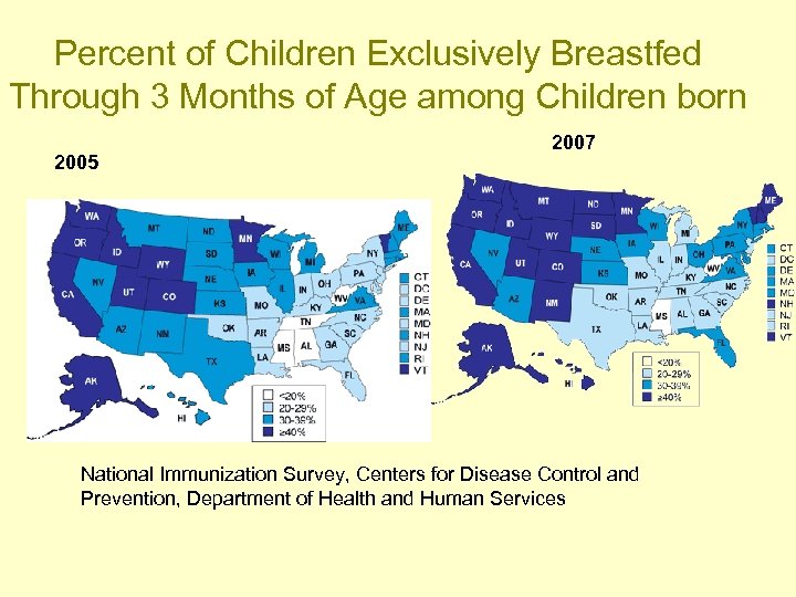 Percent of Children Exclusively Breastfed Through 3 Months of Age among Children born 2005