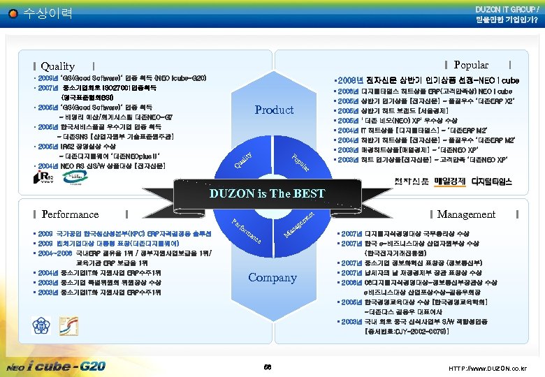 DUZON IT GROUP! 믿을만한 기업인가? 수상이력 Popular Quality • 2009년 ‘GS(Good Software)’ 인증 획득