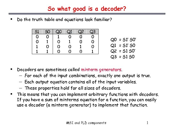 So what good is a decoder? • Do the truth table and equations look