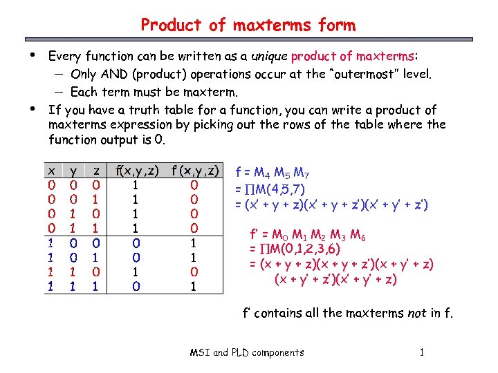 Product of maxterms form • • Every function can be written as a unique