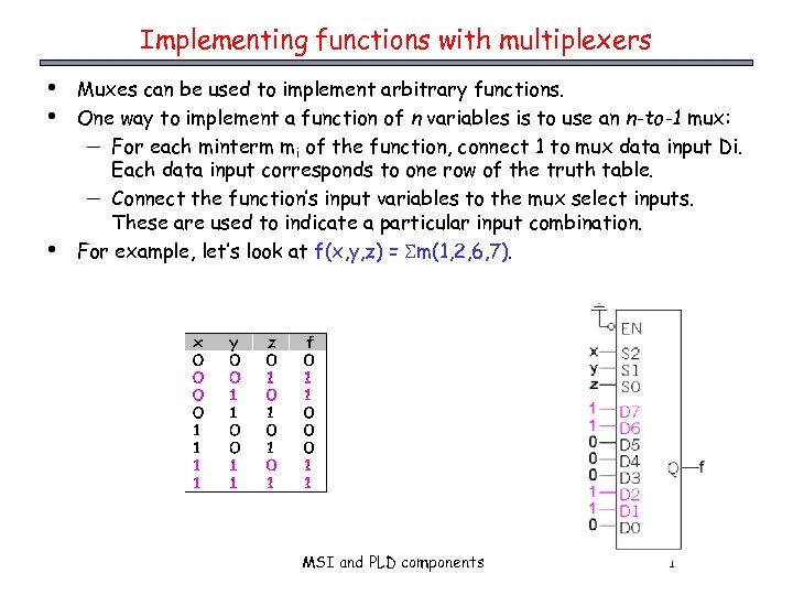 Implementing functions with multiplexers • • • Muxes can be used to implement arbitrary