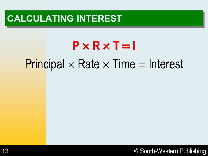 CALCULATING INTEREST P R T I Principal Rate Time Interest 13 © South-Western Publishing