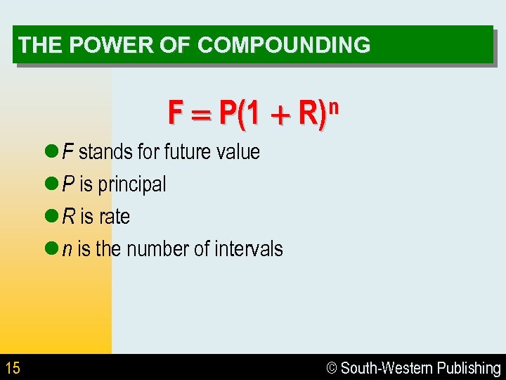 THE POWER OF COMPOUNDING F P(1 n R) l F stands for future value