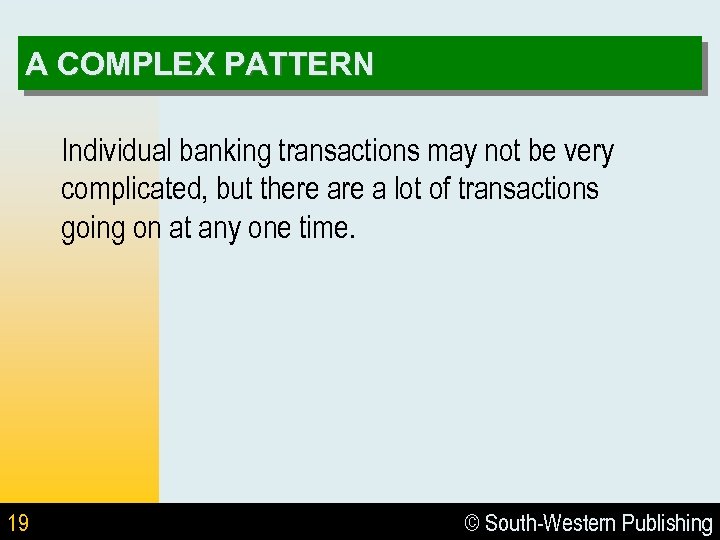 A COMPLEX PATTERN Individual banking transactions may not be very complicated, but there a