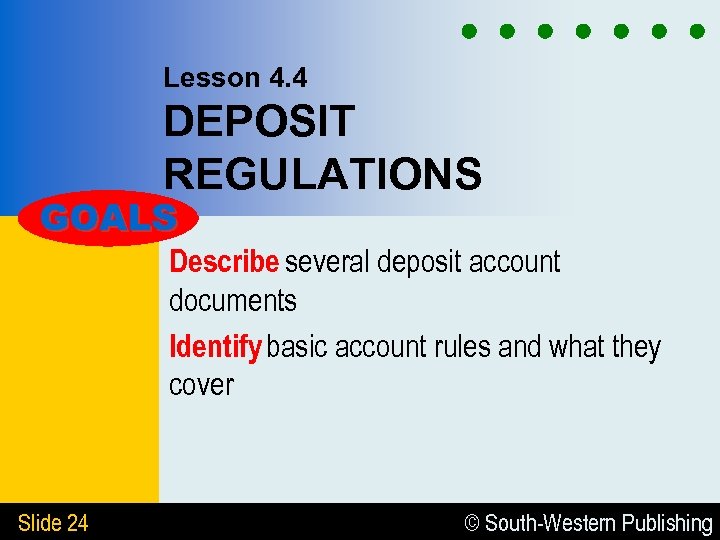 Lesson 4. 4 DEPOSIT REGULATIONS GOALS Describe several deposit account documents Identify basic account