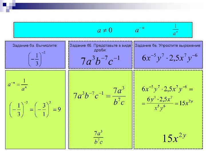 Задание 6 а. Вычислите: Задание 6 б. Представьте в виде дроби: Задание 6 в.