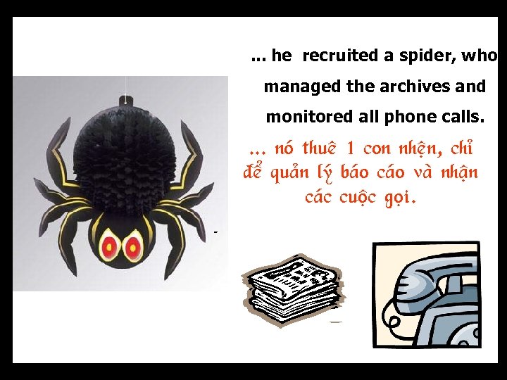 . . . he recruited a spider, who managed the archives and monitored all