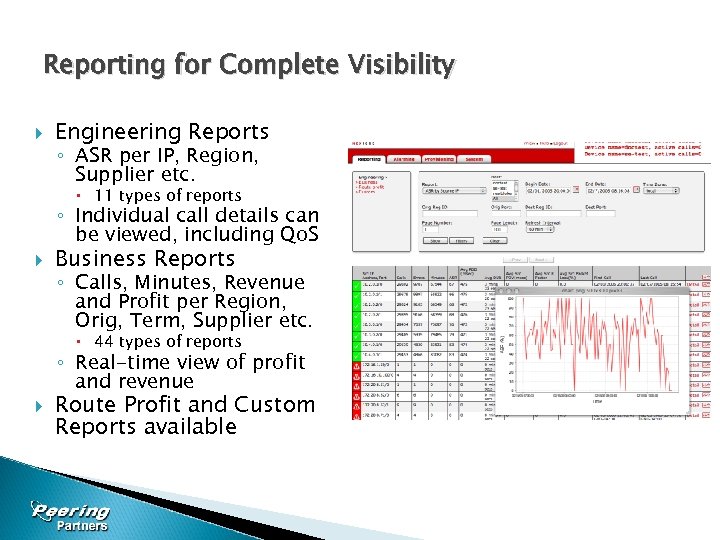 Reporting for Complete Visibility Engineering Reports ◦ ASR per IP, Region, Supplier etc. 11