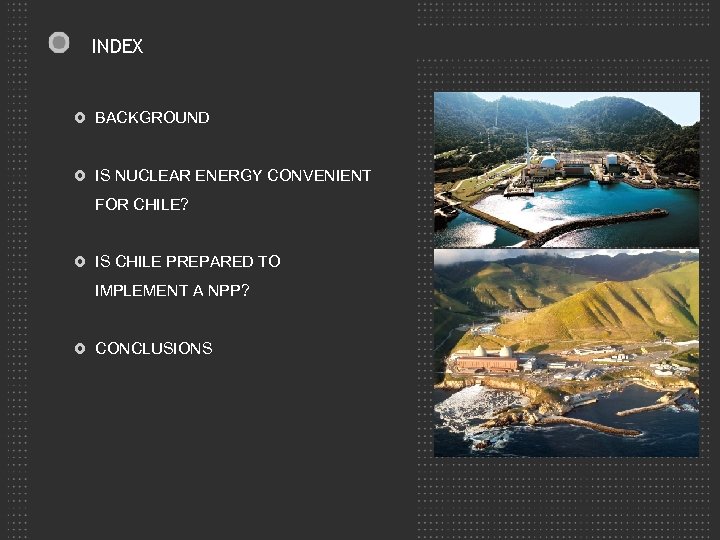 INDEX BACKGROUND IS NUCLEAR ENERGY CONVENIENT FOR CHILE? IS CHILE PREPARED TO IMPLEMENT A