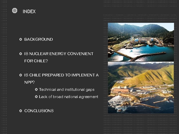 INDEX BACKGROUND IS NUCLEAR ENERGY CONVENIENT FOR CHILE? IS CHILE PREPARED TO IMPLEMENT A