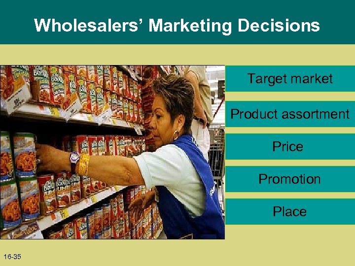 Wholesalers’ Marketing Decisions Target market Product assortment Price Promotion Place 16 -35 