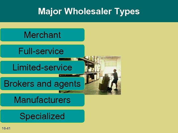 Major Wholesaler Types Merchant Full-service Limited-service Brokers and agents Manufacturers Specialized 16 -41 