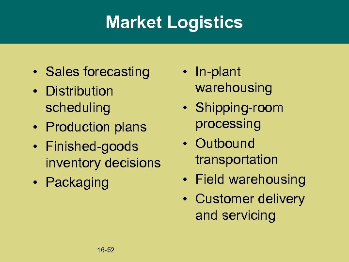 Market Logistics • Sales forecasting • Distribution scheduling • Production plans • Finished-goods inventory