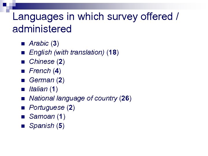 Languages in which survey offered / administered n n n n n Arabic (3)