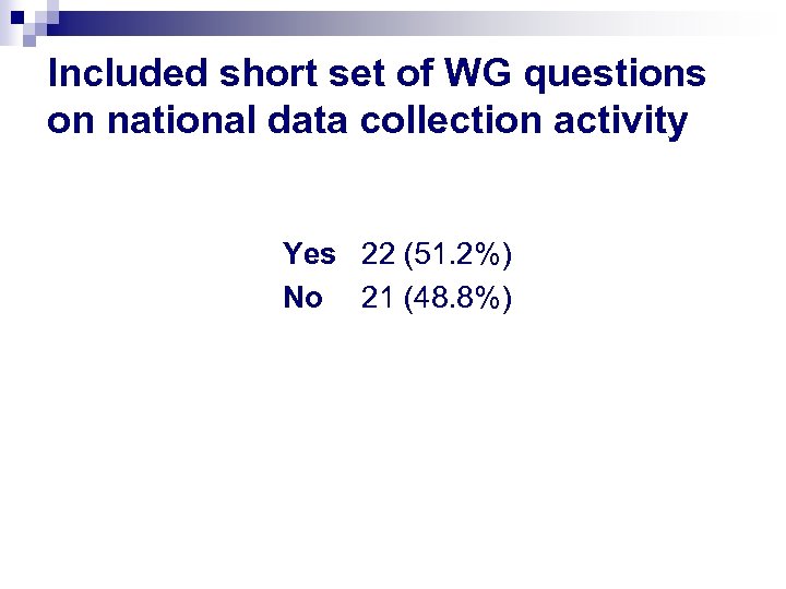 Included short set of WG questions on national data collection activity Yes 22 (51.