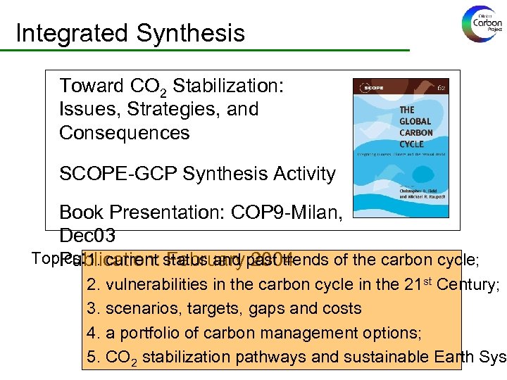 Integrated Synthesis Toward CO 2 Stabilization: Issues, Strategies, and Consequences SCOPE-GCP Synthesis Activity Book