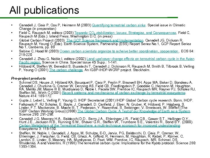 All publications • • • Canadell J, Ciais P, Cox P, Heimann M (2003)