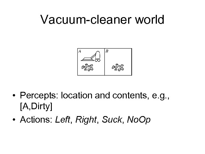 Vacuum-cleaner world • Percepts: location and contents, e. g. , [A, Dirty] • Actions: